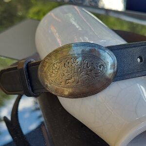 Lands End Black Leather Belt with Silver Buckle 26 Inches